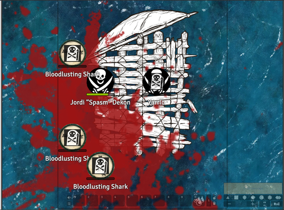 An image of a black and white raft overlaid a blue ocean background. It is set in Foundry VTT (virtual tabletop) and there are giant red (fake blood) splatters for the bloodlusting sharks that were defeated by the two pirates aboard the raft, only one of them remains.