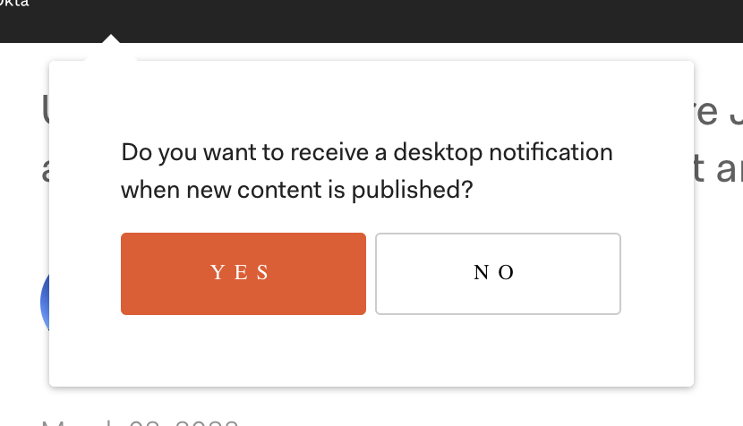 Screenshot of an in-page dialog asking “Do you want to receive a desktop notification when new content is published?”